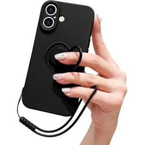 Eryi-Compatible Avec Iphone 16 Plus Coque En Silicone Liquide Avec Anneau De Support Béquille Support De Voiture Magnétique Dragonne Détachable Housse De Protection Souple Antichoc-Noir - Neuf