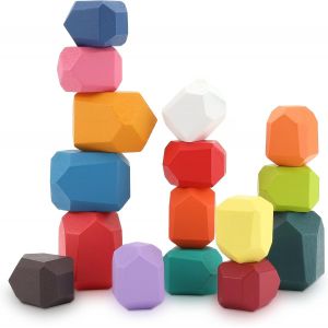 ChenQuanSarl-16 Pièces Jouet D'Empilage De Pierre En Bois, Blocs De Construction En Pierre En Bois Triant Et Empilant Des Blocs De Roche Jouets Montessori Pour Les Tout-Petits Garçons Et Filles - Neuf
