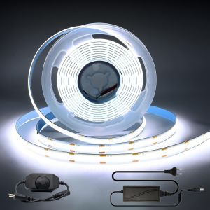 Cob Ruban Led 3m 12v Blanc Froid 6000k, Bande Led Cob Avec Gradateur Et Adaptateur 320leds/M Dimmable Flexible Haute Densit&eacute; Ip20 Pour Tv R&eacute;tro-&Eacute;clairage Chambre Cuisine Int&eacute;rieure - Neuf