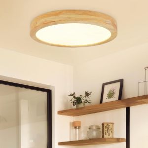 Subzonal-Led Plafonnier Bois 3000k, Luminaire Plafonnier Blanc Chaud 24w 3100lm, Plafonnier Rond Plat Nordique Diam&egrave;tre 30cm Pour Chambre &Agrave; Coucher, Salon, Cuisine, Salle &Agrave; Manger, Couloir - Neuf