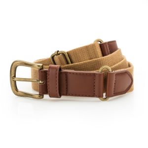 Ceinture En Toile Et Simili Cuir - Aq902 - Marron Clair - Camel - Neuf