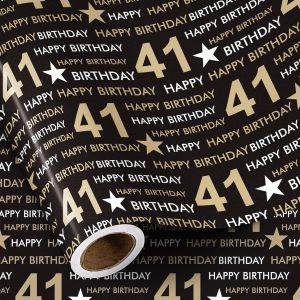 Rouleau De Papier Cadeau D'anniversaire - 41 Papier Cadeau D'anniversaire, Papier D'emballage Étoile Noir Et Doré Pour 41e Anniversaire, Fête Ou Toute Célébration - 43,2cm X 5m - Neuf