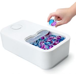 MEVRONISSHOP-Rangement pour 150 gels &agrave; linge, panier &agrave; linge avec couvercle coulissant, grand r&eacute;cipient &agrave; lessive avec gobelet pour organiser et ranger dans la buanderie (blanc) - Neuf