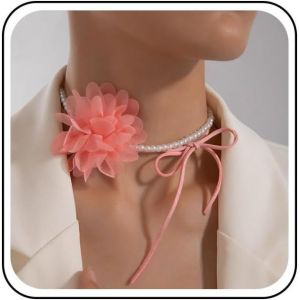 Kal-Collier Fleur Boho Dentelle Tour De Cou Collier Tour De Cou Fleur Vintage Gothique Collier Perle Grande Fleur Chaîne Collier Grande Fleur Rose Bijoux Pour Femme Déguisement Halloween(Jaune) - Neuf