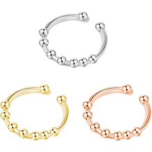 Kal-Lot De 3 Bagues Avec Perles Anti-Stress Pour Femmes, Anneaux Spinner Avec Perles, Anneaux Minces, Réglables Empilables, Anneau Anti-Stress, Roue Librement, Anneau Réglable, Argent - Neuf