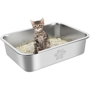 Cmws-Bac À Litière Pour Chat En Acier Inoxydable, Bac À Litière En Métal Pour Chatons, Convient Aux Chatonsbac À Crottes Anti-Éclaboussures Et Antiadhésif, Inodore, 39.5 X 29.5 X 10 Cm - Neuf