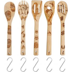 Mevronisshop-Lot De 5 Ustensiles De Cuisine Bois Ensemble D'ustensiles En Bambou Facile Nettoyer Accessoires De Cuisine Antiadh&eacute;sifs Spatule Set Avec S Forme Acier Inoxydable Crochet Cadeaux - Neuf