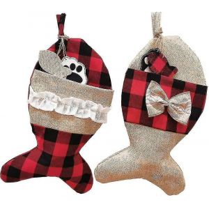 Lot de 4 chaussettes de Noël pour animaux de compagnie, en toile de jute, à carreaux, pour chats et chiens, à suspendre pour cheminée, décoration de Noël - Neuf
