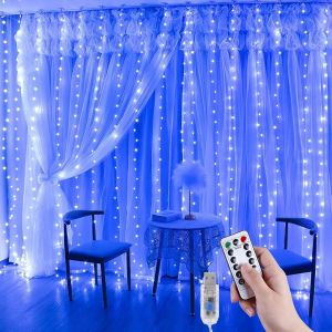 KAL-Rideau Lumineux 3M X 3M - 300 Leds Usb Guirlande Rideau Lumineuse Avec 8 Modes D'Éclairage Pour Decoration Noel Interieur/Chambre/Fenêtre/Anniversaire/Fête (Bleu) - Neuf