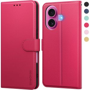 JGD-Coque pour iPhone 16 &Eacute;tui Protection &agrave; Rabat, [Pochette de Portefeuille] Antichoc Clapet Housse en Cuir Case Rouge - Neuf