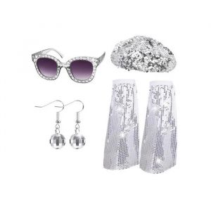 D&eacute;guisement Disco Ann&eacute;es 70 80 Femme Ensemble 7 Accessoires Argent&eacute; Bijoux Boule Disco Lunettes Foulard Et Bandeau - Neuf