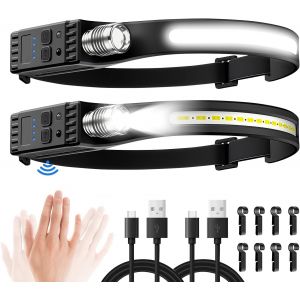 Lot De 2 Lampes Frontales Rechargeables, Super Lumineuses, Faisceau Large De 230 ° Et Mise Au Point Réglable Avec Indicateur De Niveau De Batterie, 7 Modes Avec Détecteur De Mouvement, Lampe Frontale - Neuf
