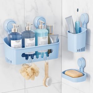 Support Douche Ventouse et Porte Savon et Porte Savon &agrave; dents Lot Pas de Per&ccedil;age Support Salle Ventouse en Amovible Panier de Douche Aspiration &Eacute;tanche Organisateur de Rangement, Bleue - Neuf