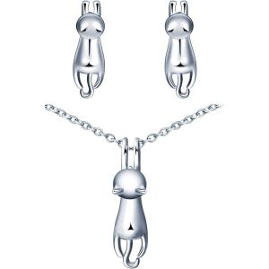 Collier Et Boucles D'oreilles De Chat Mignon Pour Femmes Et Filles,Bijoux Parures En Argent 925,Collier Pendentif De Chat Élégant,Boucles D'oreilles Clous De Chat Unique - Neuf