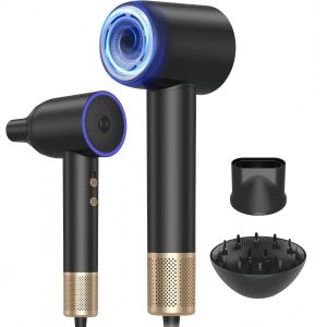 Sèche Cheveux Pro 1600w Avec Diffuseur 110.000 U/Min Haute Vitesse 150 Millions Iones Professionnel Sèche-Cheveux, Ensemble De Hair Dryer Avec Concentrateur Buse Et Diffuseur, Noir/Or - Neuf