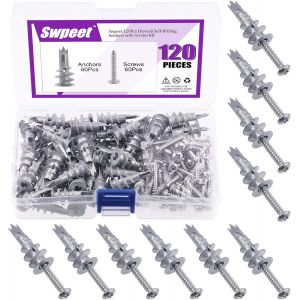 ChenQuanSarl-120 Ancres De Cloison Sèche Autoperceuses Lourdes En Zinc Avec Kit De Vis N ° 8 X 1-1/4 Pouces Sans Préparation De Perçage Préalable - Ancres De Cloison Sèche Autoperceuses Pour Suspension - Neuf