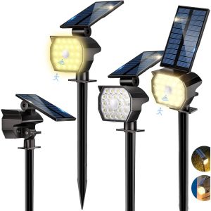 Lot De 4 Lampe Solaire Ext&eacute;rieur, 2 En 1 Lampe Solaire Jardin/Mur 3 Modes Etanche Ip65, Spots Solaires Ext&eacute;rieur D&eacute;tecteur De Mouvement Pour Chemins Pelouse Terrasse All&eacute;e Cour (Blanc Chaud) - Neuf
