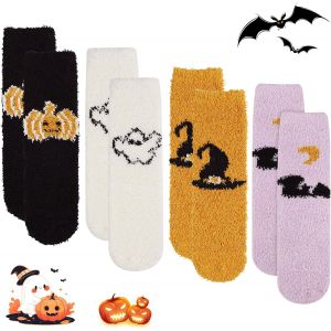 Jgd-Lot De 4 Paires De Chaussettes Pelucheuses D'halloween Douces Et Confortables En Peluche Pour L'hiver, Chauve-Souris, Fant&ocirc;me, Citrouille, Chauve-Souris, Fant&ocirc;me, Cadeaux De F&ecirc;te D'halloween - Neuf