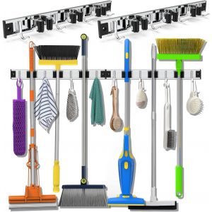 PATB-2 Pièces Porte Balais Mural, Support Mural Balai Acier Inoxydable 38cm, Accroche Balai Mural Sans Percage avec 3 Emplacements et 4 Crochets pour Cuisine Garage Jardin Buanderie - Neuf