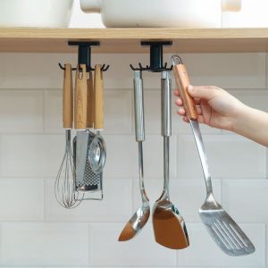 Lot de 2 Rotatif à 360° Porte Ustensiles Cuisine ,Support Ustensiles Cuisine avec 6 crochets,sans perçage Rangement Organiseur Rack,pour cuisine/Bains/garde-robe (Noir) - Neuf