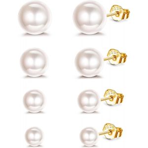 Kalhx-4 Paires Boucle D'oreille Perle Argent Sterling 925 Perles Rondes Hypoallergéniques 4-9 Mm Tailles Mixtes Ensemble Boucles D'oreilles Perle Blanche Pour Filles Femme - Neuf