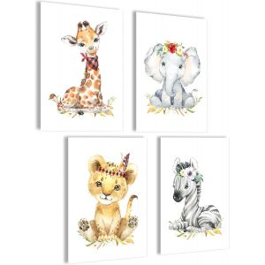 Eryi-Ensemble De Posters Pour Chambre D'enfant | Images Pour Chambre De Bébé Garçon Et Fille | Décoration Girafe, Éléphant - Neuf
