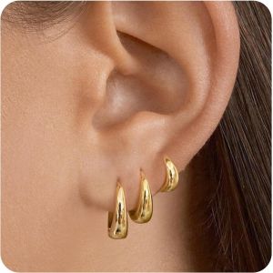 Kal-Boucles D'oreilles Créoles Or Pour Femme 3 Paires Creoles Or Femme Creoles Femme Petite Creole 14k Plaqué Or Hypoallergénique Boucles D'oreilles Femme Or - Neuf