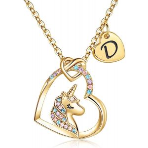 Kal-Collier De Licorne Pour Filles, Collier De Pendentif Coeur Plaqu&eacute; En Or 14 Carats Pour Filles, Avec Cz Color&eacute;e Et Un Pendentif Coeur Initial - Neuf