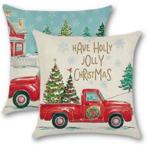 Lot De 2 En Coton Et Lin Housses De Coussin, Pour La Maison, La Chambre, Le Canap&eacute; Rouge De Lin Taie D'oreiller Housse De Coussin Avec Arbre De No&euml;l Arc De Collection De No&euml;l, 45 X 45 Cm - Neuf