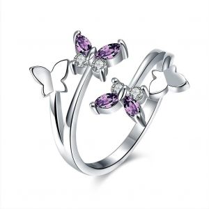 Kahfl-Bagues En Argent Sterling 925 Bague Fiançaille Adjustable-Anneaux Ouverts Quatre Papillon Zircon Violet Pour Homme Femme Saint Valentin Mariage Engagement Anniversaire - Neuf