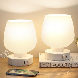 Lampe De Chevet Tactile Lot De 2 Avec Ports De Charge Usb-A+C,Intensité Variable 3 Voies,Abat-Jour En Verre Blanc,Petite Lampe De Table À Cordon Pour Chambre Salon D'enfant - Neuf