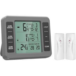 Thermom&egrave;tre de Frigo Congelateur, Thermom&egrave;tre de R&eacute;frig&eacute;rateur sans Fil avec 2 Capteurs, Alarme Sonore, Min/Max, Thermom&egrave;tre In/Ext&eacute;rieur pour Maison Cuisine Restaurant Bars Caf&eacute; - Gris - Neuf