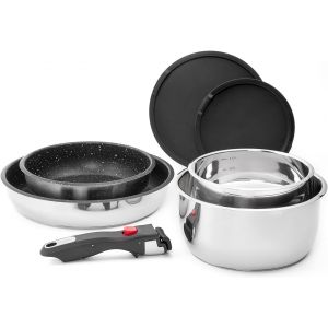 Subzonal-Batterie De Cuisine 7 Pi&egrave;ces Induction Inox Poele Set De Casseroles Avec Poign&eacute;es Amovibles, Po&ecirc;le Antiadh&eacute;sive Sans Pfas De 20/26 Cm Et Casserole De 16/20 Cm, R&eacute;sistante Au Four - Neuf