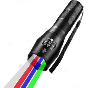 Lampe de poche multicolore 4 en 1,300 lumens zoomable un mode blanc rouge vert bleu lumière,lampe de poche de chasse - Neuf