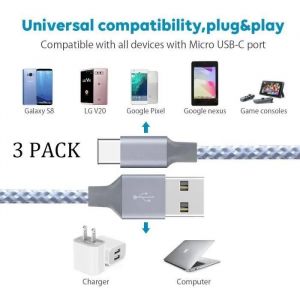 Cable USB Type C [Lot de 3/2M] Nylon Charge Rapide Chargeur pour Samsung S9/S9plus/S8/A7 A5 A3 2017,Huawei P30/P20/P20 - Neuf