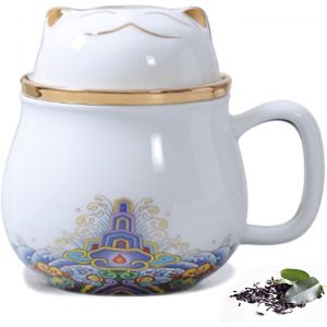 Belle Tasse &Agrave; Th&eacute; Et Couvercle Filtre 300ml Blanc Porcelaine Large Bouche Facile &Agrave; Nettoyer, Garder Le Th&eacute; Chaud, Infus&eacute; Feuilles Mobiles Sachet De Th&eacute;, Caf&eacute;, Lait, Chat Mignon, Blanc - Neuf