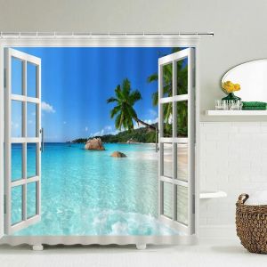 Rideaux De Douche De Plage De Paysage Marin,Rideau De Douche De Salle De Bains,Rideau De Douche En Tissu 3D,Rideau De Douche Imperméable Cortina De Ducha.277G.W120Xh180Cm - Neuf