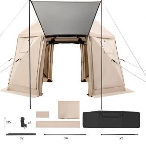 Tonnelle Pliante Pop-Up-Duoku-3,6x3,6 M-Avec Moustiquaire-Toit Amovible Et Sac De Transport-Id&eacute;ale Pour 8 &Agrave; 10 Personnes-Beige - Neuf
