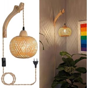 Ulteronixshop-Applique Murale Int&eacute;rieur Bois Vintage Lampe Murale Avec Prise Et Interrupteur, E27 R&eacute;tro Lanterne En Bambou, Lampe De Chevet En Rotin Pour Chambre Salon (Sans Ampoule) - Neuf