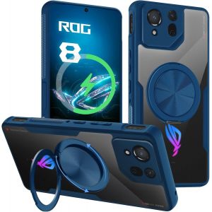 Case For Rog Phone 8, Rog 8 Pro (2024) Magnetic Case With 360 Degree Rotating Stand, Transparent Pc Back And Soft Tpu Silicone Shockproof Case Cover Bumper Cover, Blue - Neuf