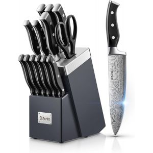 Mevronisshop-Couteau Cuisine, 14 Pi&egrave;ces Bloc De Couteaux Avec Technologie Aff&ucirc;teur Int&eacute;gr&eacute;, Couteaux De Cuisine En Acier Inoxydable, Avec Bloc Couteaux En Bois, Compris Couteaux &Agrave; Steak, Couteau De C - Neuf