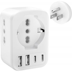 JGD-Adaptateur Prise USA, 7 en 1 Adaptateur Prise Fran&ccedil;ais/Italie/Europ&eacute;en vers USA avec 3 Europ&eacute;en Socket, 2 USB C+ 2 USB A, Adaptateur Voyage Am&eacute;ricain Type B pour US, Mexique, Canada, P&eacute;rou - Neuf