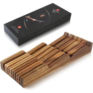Checarzhn--No1-Porte-Couteaux Pour Tiroirs En Bois D'acacia -Bloc De Couteaux De Cuisine 43,6x18,4x5,3cm -Bloc Universel Tiroir Pour 4 Couteau Longs+6 Courts+1 Aigu Ur Acier -Avec Boîte Cadeau - Neuf