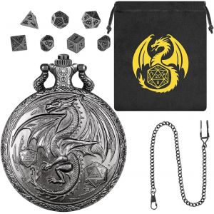 Sansh-Steampunk Dragon Ailé Coquille De Montre De Poche, Mini Dnd Lot De Dés, 7 Pièces Dés D&d En Métal Polyédrique, Sac Cadeau Dnd Avec Logo Dragon, Accessoires De Jeux De Société De Rôle, Argent Fo - Neuf