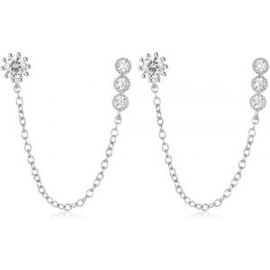 Kal-Boucles D'oreilles Pendantes Pour Femmes En Argent 925 Avec Cha&icirc;ne Zircon Cubique Boucles D'oreilles Avec Cha&icirc;ne Pendante Boucles D'oreilles Double Trou Hypoallerg&eacute;nique - Neuf