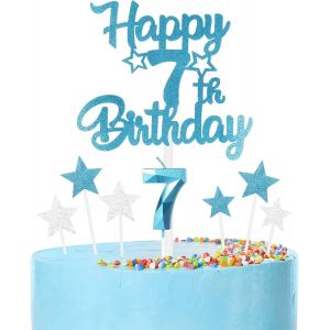 Eryi-Ensemble De Décorations De Gâteau D'anniversaire « Happy 7th Birthday » Bougie Bleue En Forme De Chiffre 7 Pour Gâteau D'anniversaire Bougies D'anniversaire Pour - Neuf