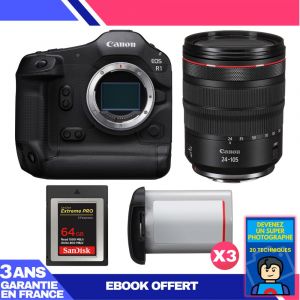 Boitier Canon EOS R1 + RF 24-105mm f/4 L IS USM + 1 SanDisk 64GB Extreme PRO CFexpress Type B + 3 Canon LP-E19 + Ebook 'Devenez Un Super Photographe - Neuf