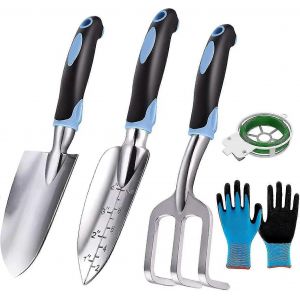 Kit de jardinage, ensemble d'outils de jardin 5 pi&egrave;ces tr&egrave;s robuste et facile &agrave; utiliser, comprenant pelle, truelle, transplantoir, r&acirc;teau &agrave; main et gants. - Neuf
