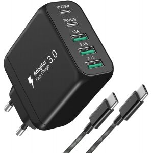 Multiport Usb Charger, 55W 5 Ports Usb C Charger With 2M Cable, Type C Power Adapter, Portable Usb C For Iphone 15/14/13/12 Pro Max, For Switch/Air, Ipad, Galaxy, Tablet (White) - Neuf