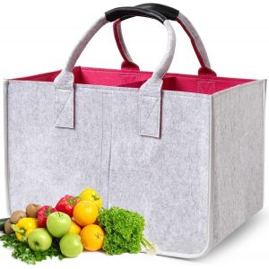SJZG-Panier &Agrave; Provisions En Feutre De 30 L Avec Poign&eacute;e En Cuir, Bords Finement Ourl&eacute;s, Robuste Et Durable, Sac En Feutre Pliable, Convient Pour Le Transport Du Bois, Les Sacs De Plage, Gris Clair Et - Neuf